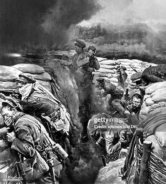 Beginning of the use of war gas by German forces in the Battles of Ypres in April 1915: British soldiers in a trench exposed to toxic clouds- drawing...