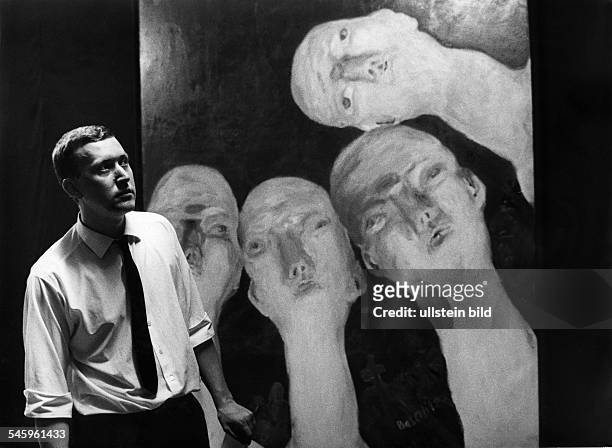 Georg Baselitz *-Maler, Bildhauer, DDer Galerist Michael Werner vor demÖlgemälde 'Oberon' von Baselitz. EEröffnung des 'Orthodoxen Salons'31.7.1964