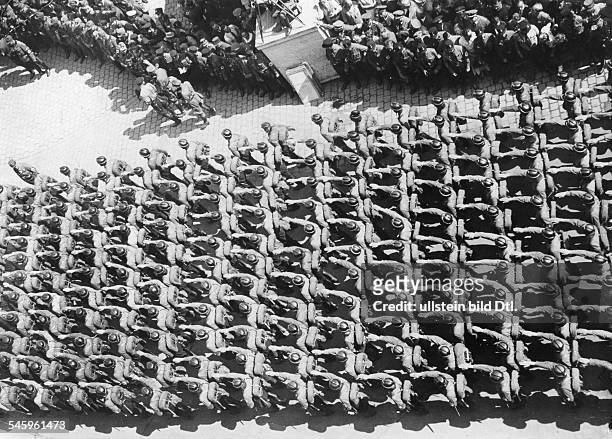 Germany, Third Reich - Nuremberg Rally 1934 Parade of the Nazi Drivers Corps at the Adolf Hitler Square in Nuremberg