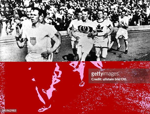 Meter-Lauf, Finale:Der Amerikaner James Meredith führtdas Feld von sechs US-Amerikanern, einemKanadier und dem Deutschen Hanns Braun an. Meredith...