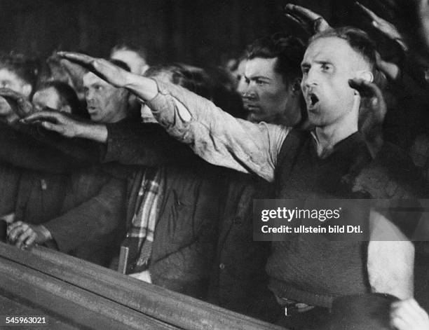 Ethnic German refugees after their return to East Upper Silesia: after they have listen to Hitler's speech on the occasion of the ending of the...