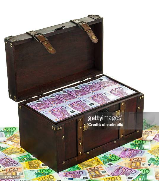 Symbolic photo finacial support, saving money, coffer with Euro banknotes