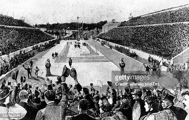 Leichathletik, Marathon: Der griechische Bauernsohn Spyridon Louis wird auf den letzten Metern im Marmorstadion von Athen von Kronprinz Konstantin...