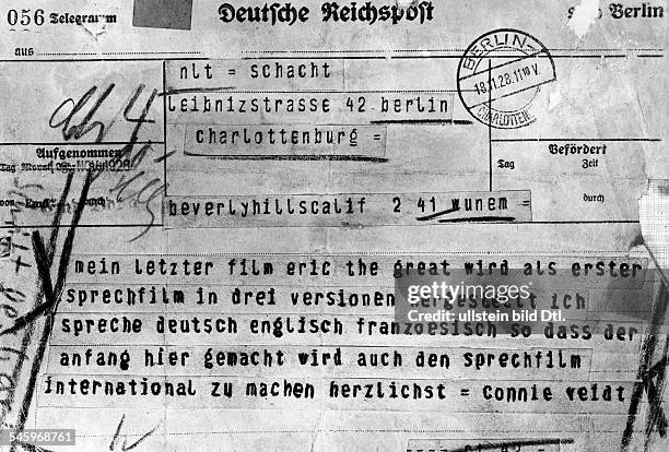 1943Schauspieler, Filmschauspieler, D- Telegramm von Veidt zu dem Film "Ericthe Great"- Berlin,