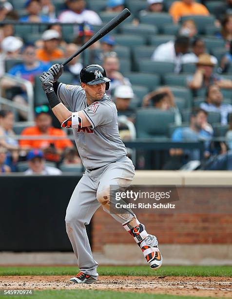 Chris Johnson of the Miami Marlins in action against the New York Mets during a game at Citi Field on July 4, 2016 in the Flushing neighborhood of...