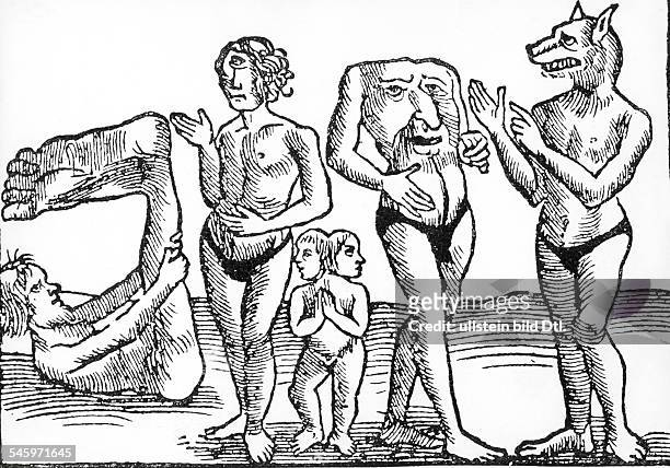 Phantastische Darstellung von Menschen/Lebewesen aus dem Erdrandbereich , wie sie von verschiedenen antiken Autoren beschrieben werden:v.l....
