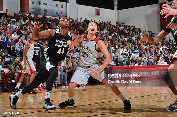 Coty Clarke of the Minnesota Timberwolves defends the basket against EJ Singler of the Toronto Raptors during the 2016 Las Vegas Summer League on...