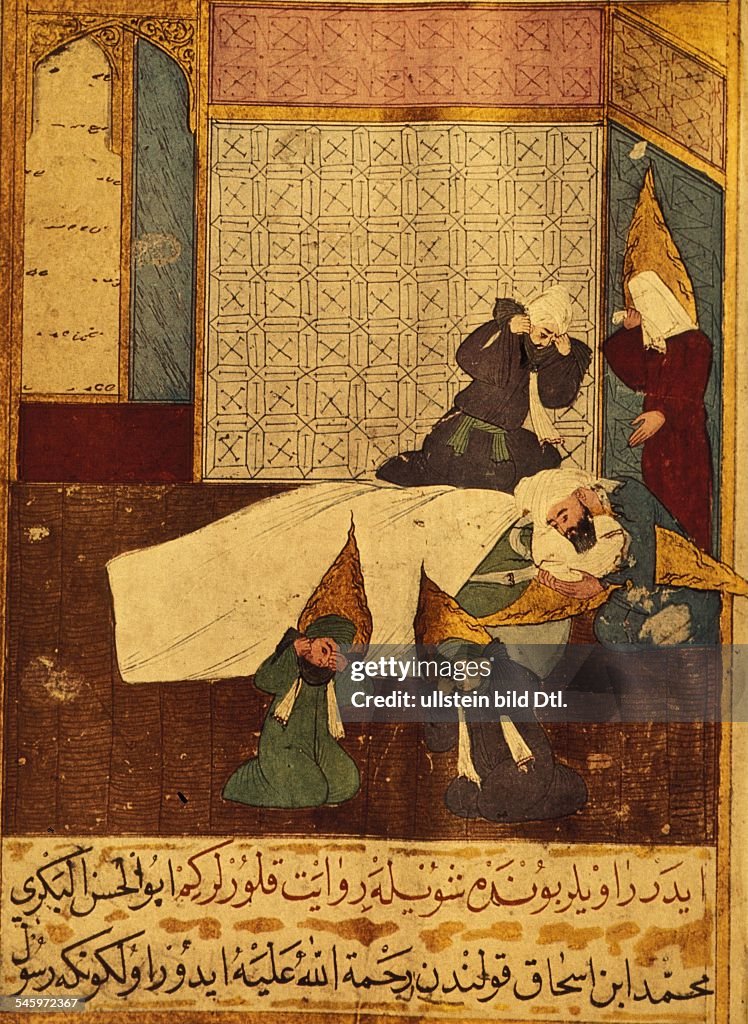 Islam Mohammed Mohammed *around 570-08.06.632+ Prophet, founder of Islam Death of the Prophet. His father-in-law and successor Abu Bakr (Abubekr) is bending over him - Turkish miniature, end of 16th century (copy after a manuscript from 1368) - 7th c