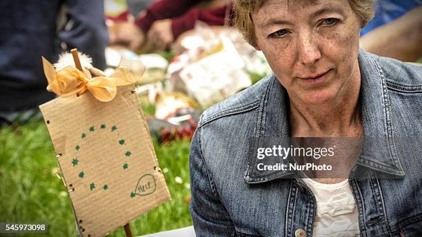 Pro-European Union supporters and pro-Brexit supporters hold up placards during a demonstration against Brexit in Green Park in London on July 9,...