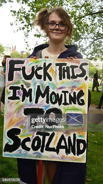 Pro-European Union supporters and pro-Brexit supporters hold up placards during a demonstration against Brexit in Green Park in London on July 9,...