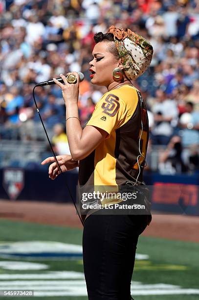 JUlLY 10: Andra Day performs the National Anthem prior to the SiriusXM All-Star Futures Game at Petco Park on Sunday, July 10, 2016 in San Diego,...