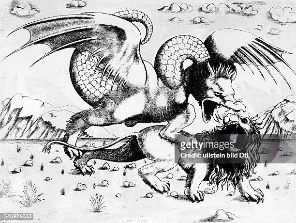 Drache und Löwe im KampfStich eines unbekannten Meisters ausOberitalien nach einer Da Vincizugeschriebenen Zeichnung.um 1500