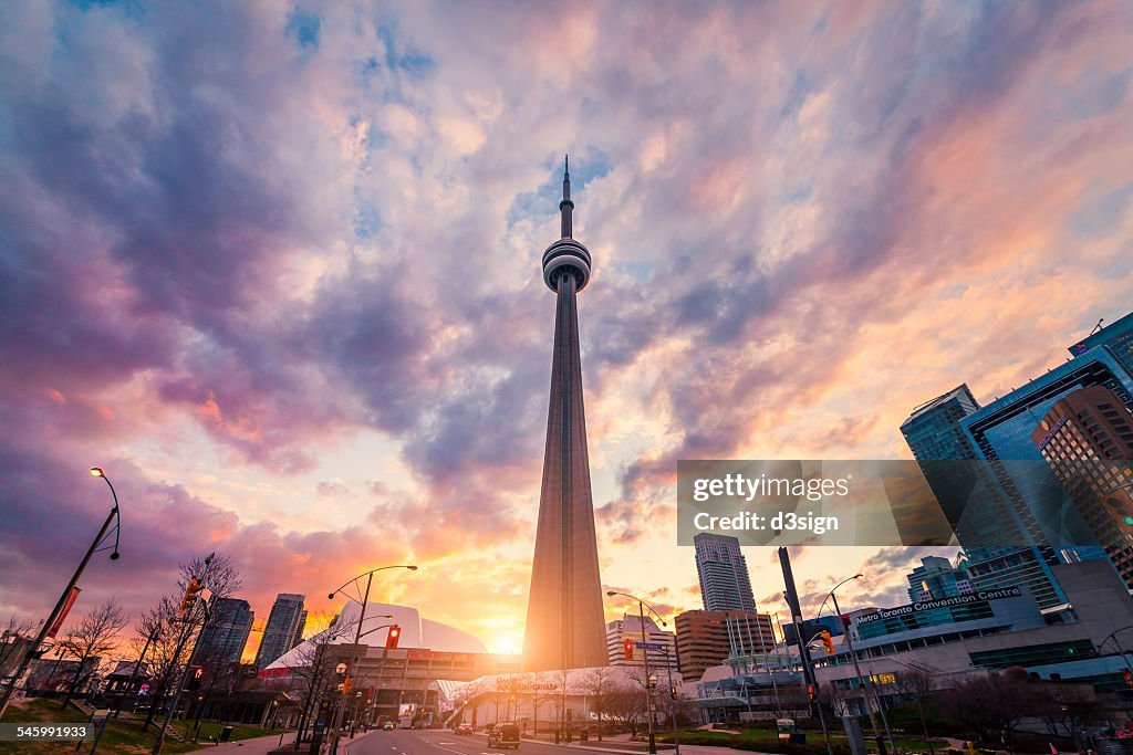 Landmark of Toronto CN Tower alongside cityscape