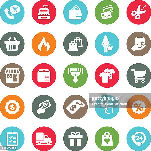 stockillustraties, clipart, cartoons en iconen met shopping mall circle colour harmony icons | eps10 - build presents suits