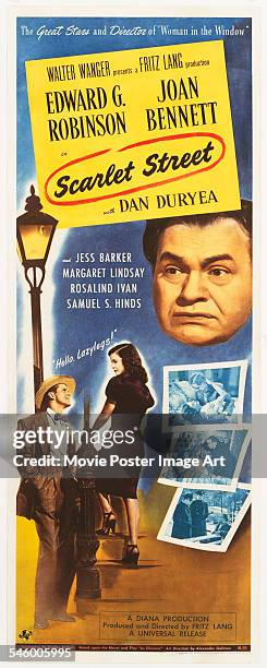 Actor Edward G. Robinson appears on a poster for the film noir 'Scarlet Street', directed by Fritz Lang, 1945.