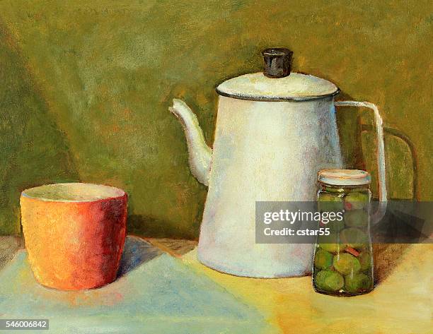 ilustrações, clipart, desenhos animados e ícones de pintura a óleo ainda vida de uma cafeteira, xícara, jarra - still life