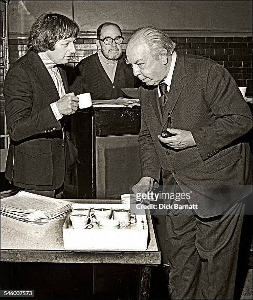 Author JB Priestley with musician, composer and conductor Andre Previn and and lyricist Johnny Mercer behind, during rehearsals for a musical version...