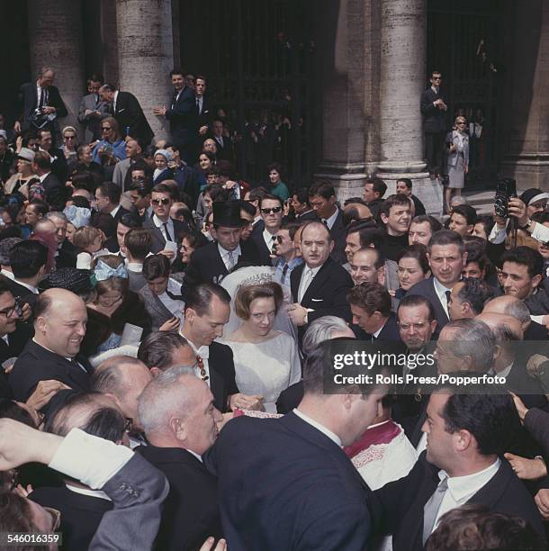 Princess Irene of the Netherlands and Carlos Hugo, Duke of Parma leave the Basilica di Santa Maria Maggiore in Rome after their wedding ceremony on...