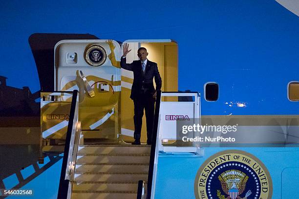 President Barack Obama on arrival at the Torrejon airbase near Madrid on July 9, 2016. Barack Obama began a shortened but symbolic first presidential...