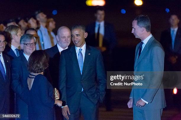 President Barack Obama and Spain's King Felipe VI on arrival at the Torrejon airbase near Madrid on July 9, 2016. Barack Obama began a shortened but...