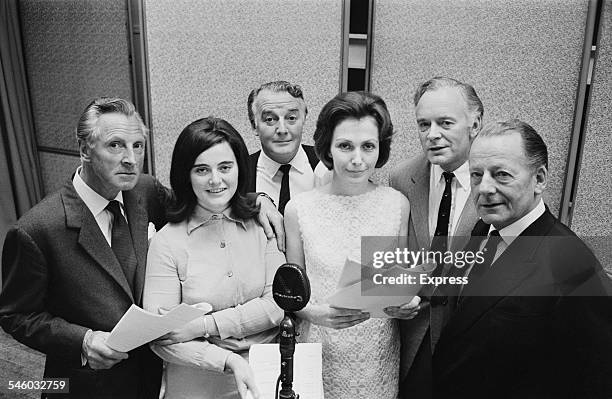 The cast of the radio adaptation of John Galsworthy's novels 'The Forsyte Saga', L-R; English actors Alan Wheatley , Patricia Gallimore, Noel Johnson...