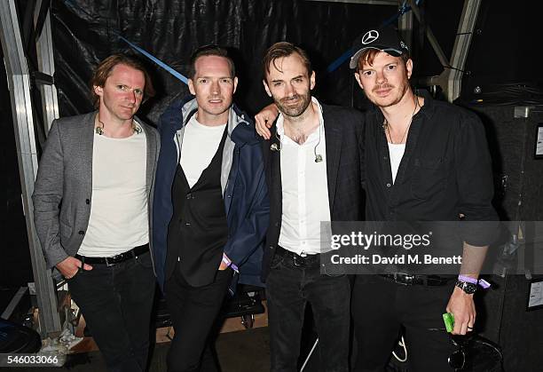 Kevin Jeremiah, Dan Gillespie Sells, Ciaran Jeremiah and Richard Jones of 'The Feeling' attend the British Grand Prix in the Drivers Lounge at...