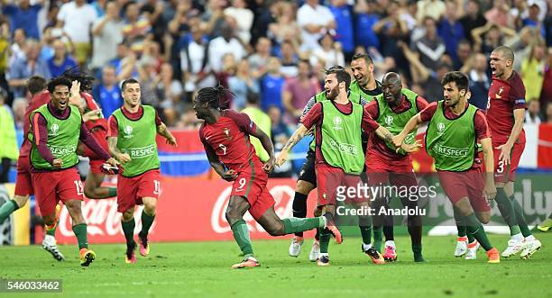 Portugal's Eder celebrates after scoring a goal during the Euro 2016 final football match between Portugal and France at the Stade de France in...