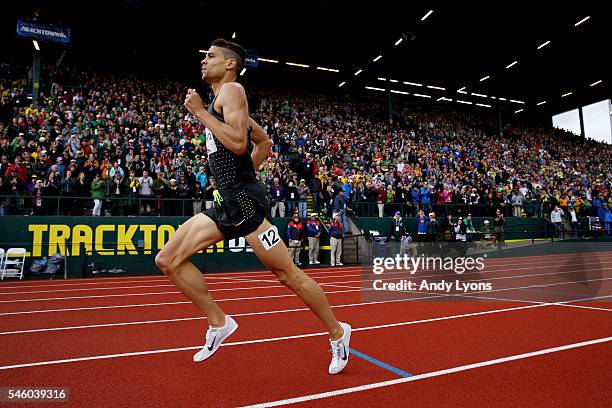 Matthew Centrowitz runs to the finish to place first in the Men's 1500 Meter Final during the 2016 U.S. Olympic Track & Field Team Trials at Hayward...