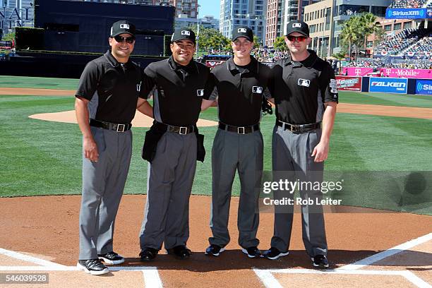 JUlLY 10: The umpiring crew poses for a photo at home plate prior to the SiriusXM All-Star Futures Game at Petco Park on Sunday, July 10, 2016 in San...