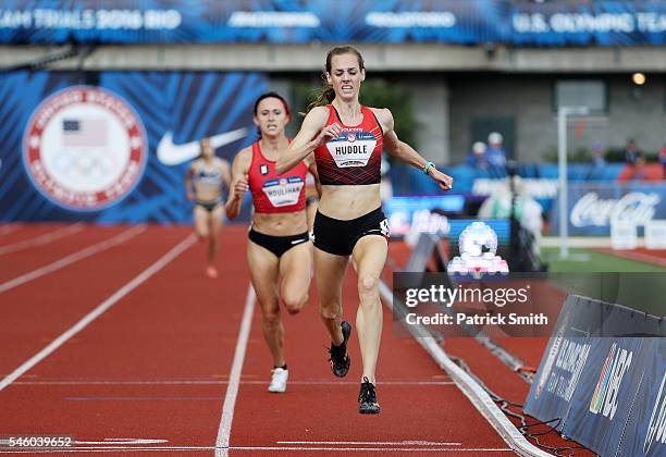 Molly Huddle crosses the finishline to place first in the Women's 5000 Meter Final during the 2016 U.S. Olympic Track & Field Team Trials at Hayward...