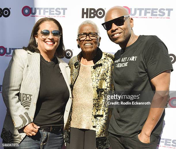 SenYon Kelly, VHF founder/CEO Jewel Thais-Williams, and Sovory attend 2016 Outfest Los Angeles LGBT Film Festival screening of "Jewels Catch One" at...