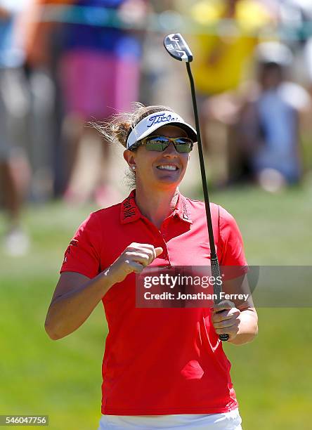 Brittany Lang celebrates a birdie putt on the 16th hole during the final round of the U.S. Women's Open at CordeValle Golf Club on July 9, 2016 in...