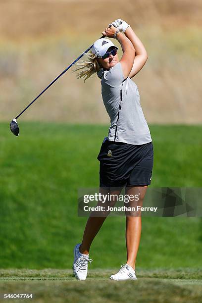 Anna Nordqvist of Sweden tees off on the 17th hole during the a three hole playoff against Brittany Lang after the final round of the U.S. Women's...