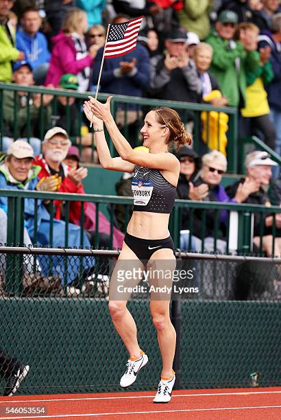 Shannon Rowbury, second place, celebrates after the Women's 1500 Meter Final during the 2016 U.S. Olympic Track & Field Team Trials at Hayward Field...