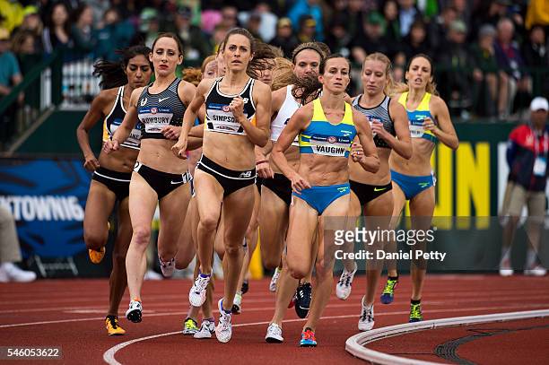 From left, Shannon Rowbury, Jenny Simpson and Sara Vaughn lead the women's 1500 meter final during Day 10 of the Olympic Track and Field Trials at...