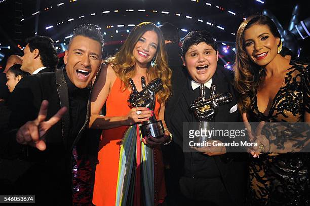Jorge Bernal, "La Voz Kids" winners Christopher Rivera and singer Natalia Jimenez and Patricia Manterola smile during Telemundo "La Voz Kids" Finale...
