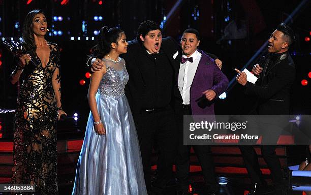 Patricia Manterola, Alejandra Gallardo, Christopher Rivera, Axel Cabrera and Jorge Bernal react during Telemundo "La Voz Kids" Finale at Universal...