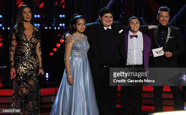 Patricia Manterola, Alejandra Gallardo, Christopher Rivera, Axel Cabrera and Jorge Bernal smile during Telemundo "La Voz Kids" Finale at Universal...