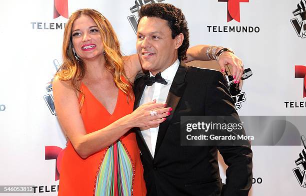 Coaches Natalia Jimenez and Pedro Fernandez smile after Telemundo "La Voz Kids" Finale at Universal Orlando on July 9, 2016 in Orlando, Florida.