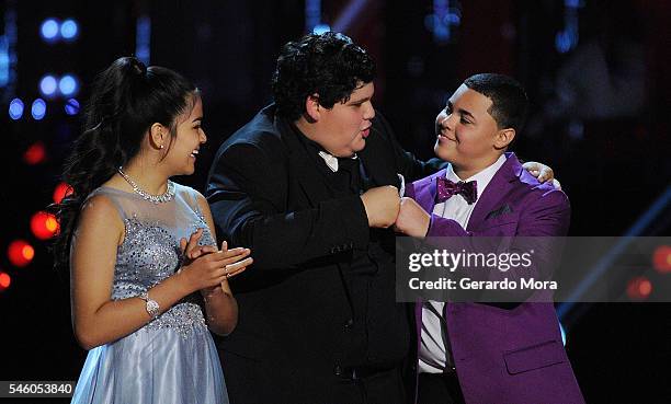 Finalists Alejandra Gallardo, Christopher Rivera and Axel Cabrera smile during Telemundo "La Voz Kids" Finale at Universal Orlando on July 9, 2016 in...
