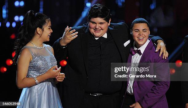 Finalists Alejandra Gallardo, Christopher Rivera and Axel Cabrera smile during Telemundo "La Voz Kids" Finale at Universal Orlando on July 9, 2016 in...