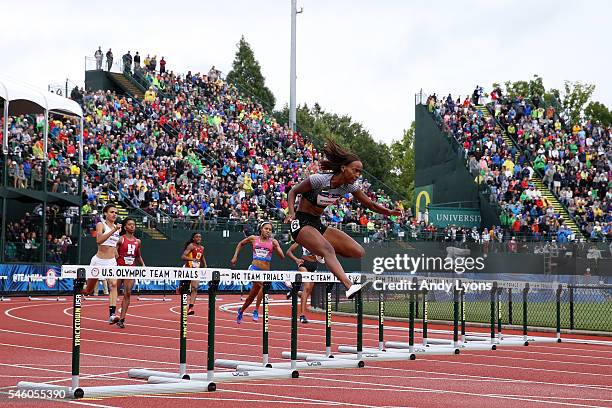 Dalilah Muhammad competes in the Women's 400 Meter Hurdles Final during the 2016 U.S. Olympic Track & Field Team Trials at Hayward Field on July 10,...