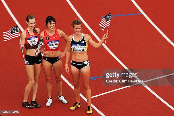Molly Huddle, first place, Shelby Houlihan, second place, and Kim Conley, third place, celebrate after the Women's 5000 Meter Final during the 2016...
