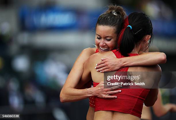 Shelby Houlihan, second place, celebrates with Emily Infeld, fourth place, after the Women's 5000 Meter Final during the 2016 U.S. Olympic Track &...