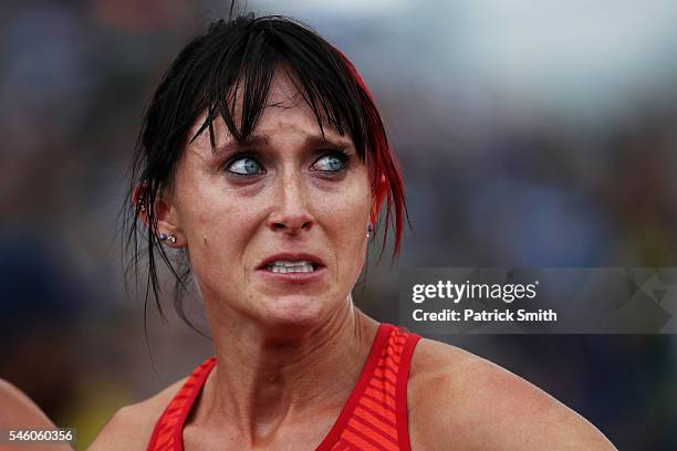 Shelby Houlihan, second place, celebrates after the Women's 5000 Meter Final during the 2016 U.S. Olympic Track & Field Team Trials at Hayward Field...