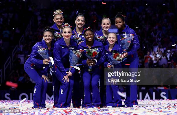 Lauren Hernandez, MyKayla Skinner, Simone Biles, Ragan Smith Ashton Locklear, Alexandra Raisman, Madison Kocian, and Gabrielle Douglas pose for a...