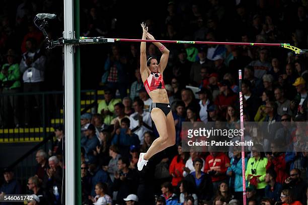Jenn Suhr competes on her way to placing first in the Women's Pole Vault Final during the 2016 U.S. Olympic Track & Field Team Trials at Hayward...
