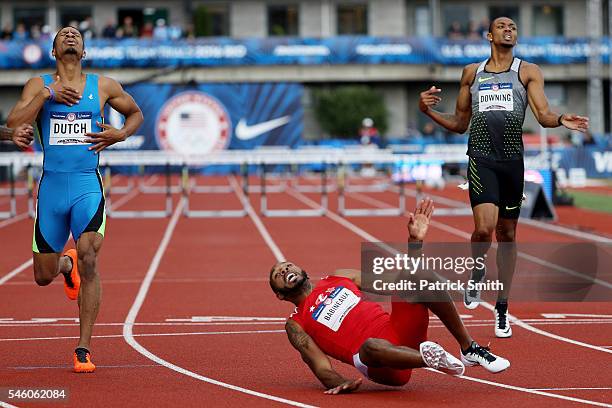 Ricky Babineaux falls to the track in the Men's 400 Meter Hurdles Final during the 2016 U.S. Olympic Track & Field Team Trials at Hayward Field on...