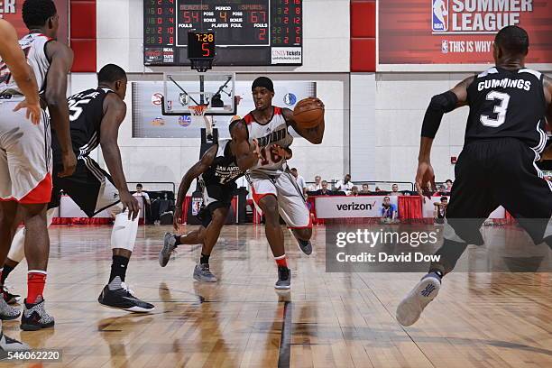 Fair of the Portland Trail Blazers drives to the basket against the San Antonio Spurs during the 2016 NBA Las Vegas Summer League game on July 10,...