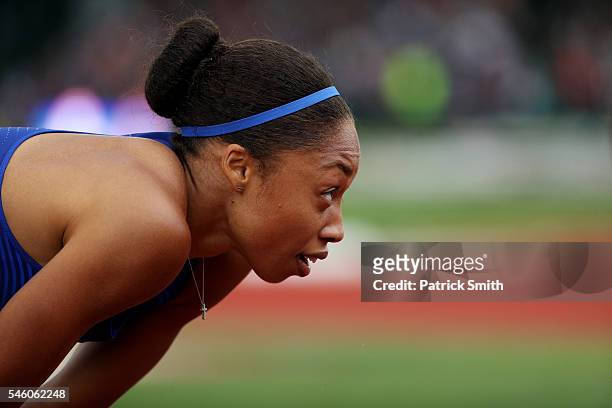 Allyson Felix, fourth place, reacts after the Women's 200 Meter Final during the 2016 U.S. Olympic Track & Field Team Trials at Hayward Field on July...